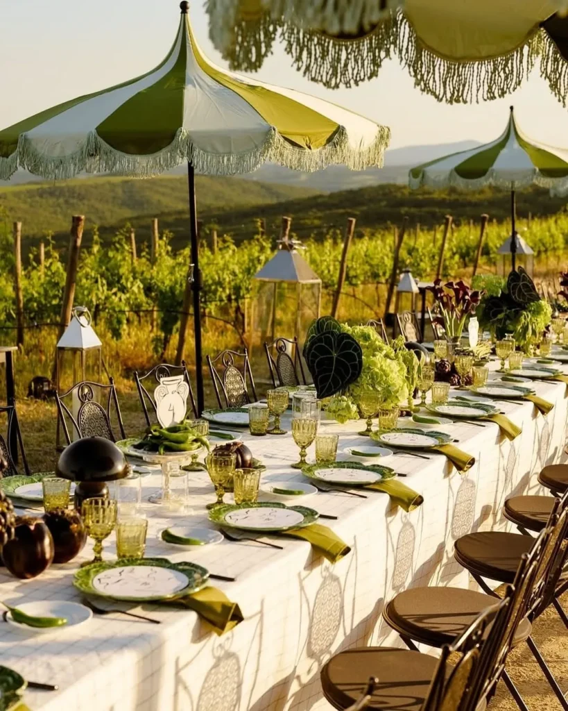 A long celebration table set among the vines
