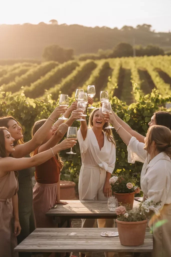 Friends raising glasses in the vineyard at golden hour