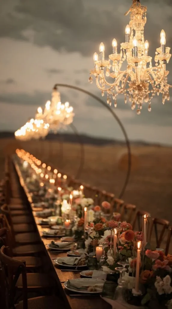 A candle-lit table with chandeliers in the hay field at dusk