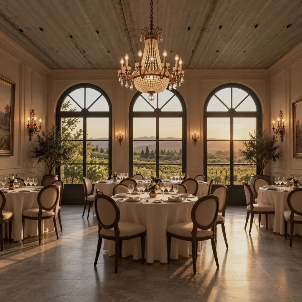 The Borgo Manavi restaurant hall with arched windows over the vineyard