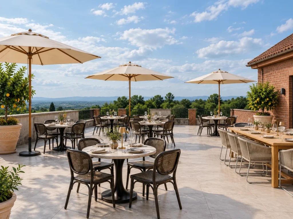 The Borgo Manavi rooftop terrace with parasols and a view over Kakheti