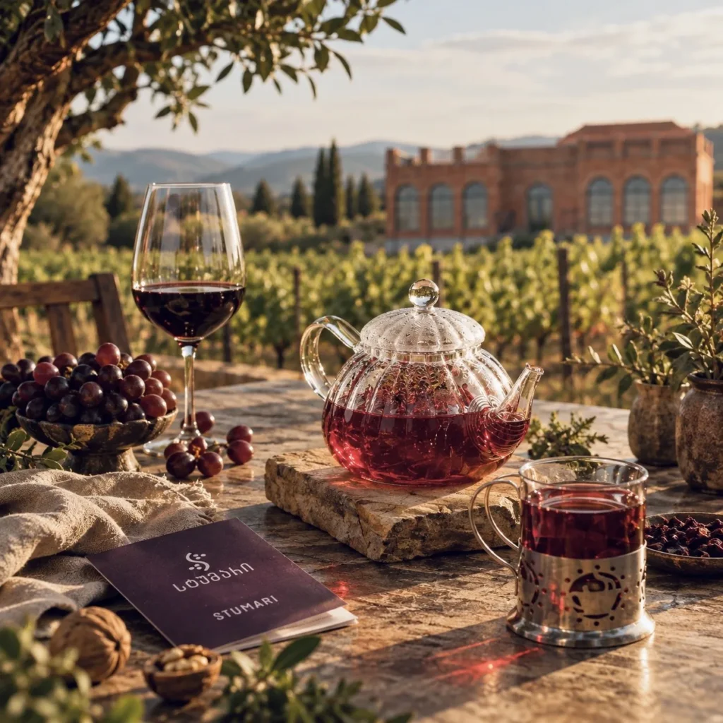 A glass of red wine and a teapot of wine tea on a stone table in the vineyard